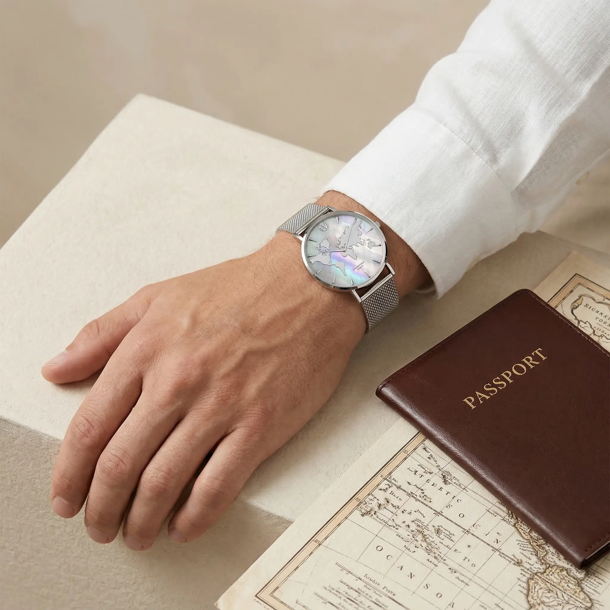 Silver Pearl World Map Waterproof Watch - Image 3